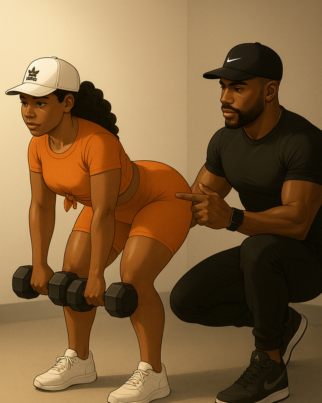 female client with pear-shaped physique performing Romanian deadlift with dumbbells in gym; male trainer in black Nike hat cues hip hinge and back alignment