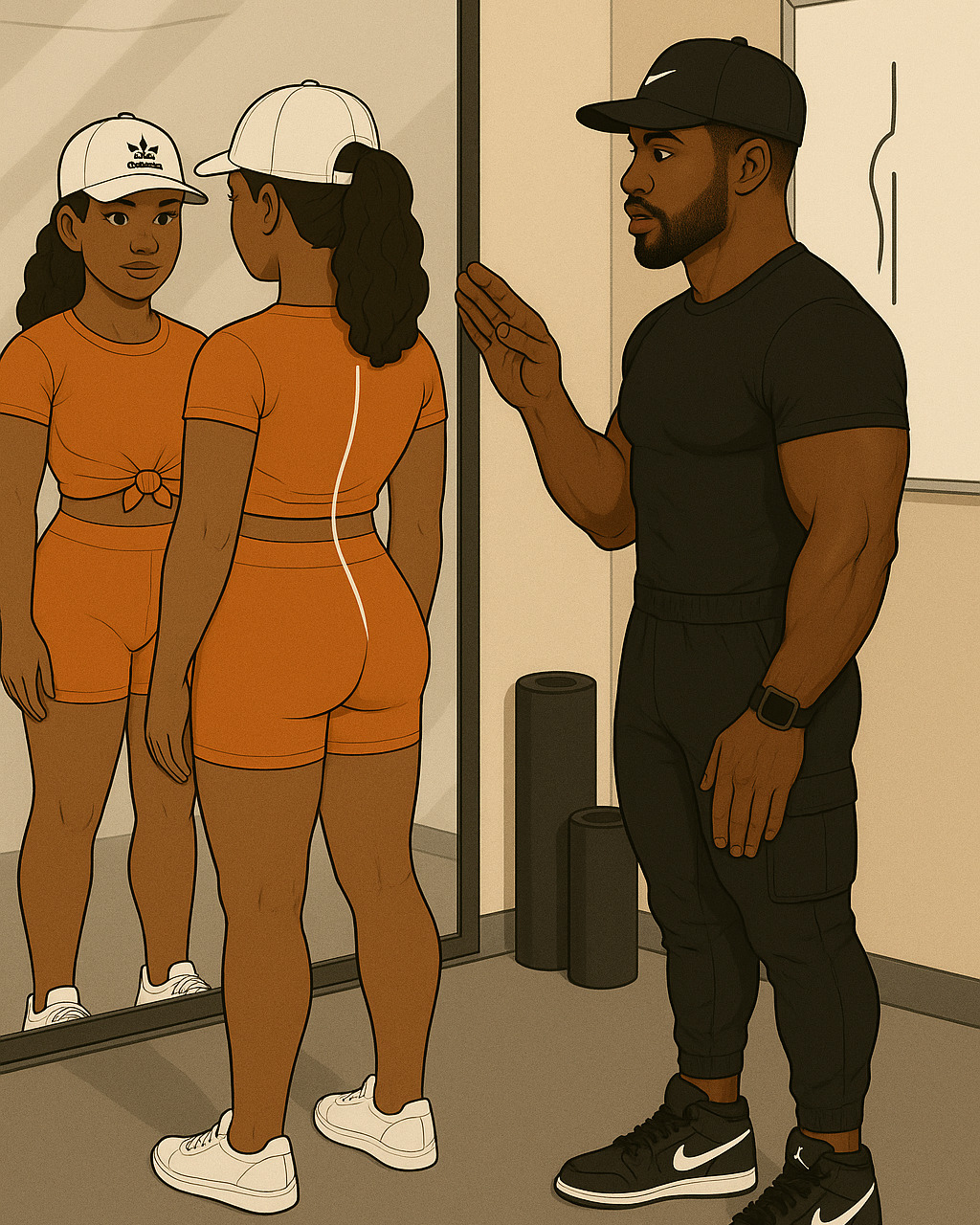 lient in orange activewear analyzing physique changes in gym mirror, trainer behind her with arms crossed and affirming stance