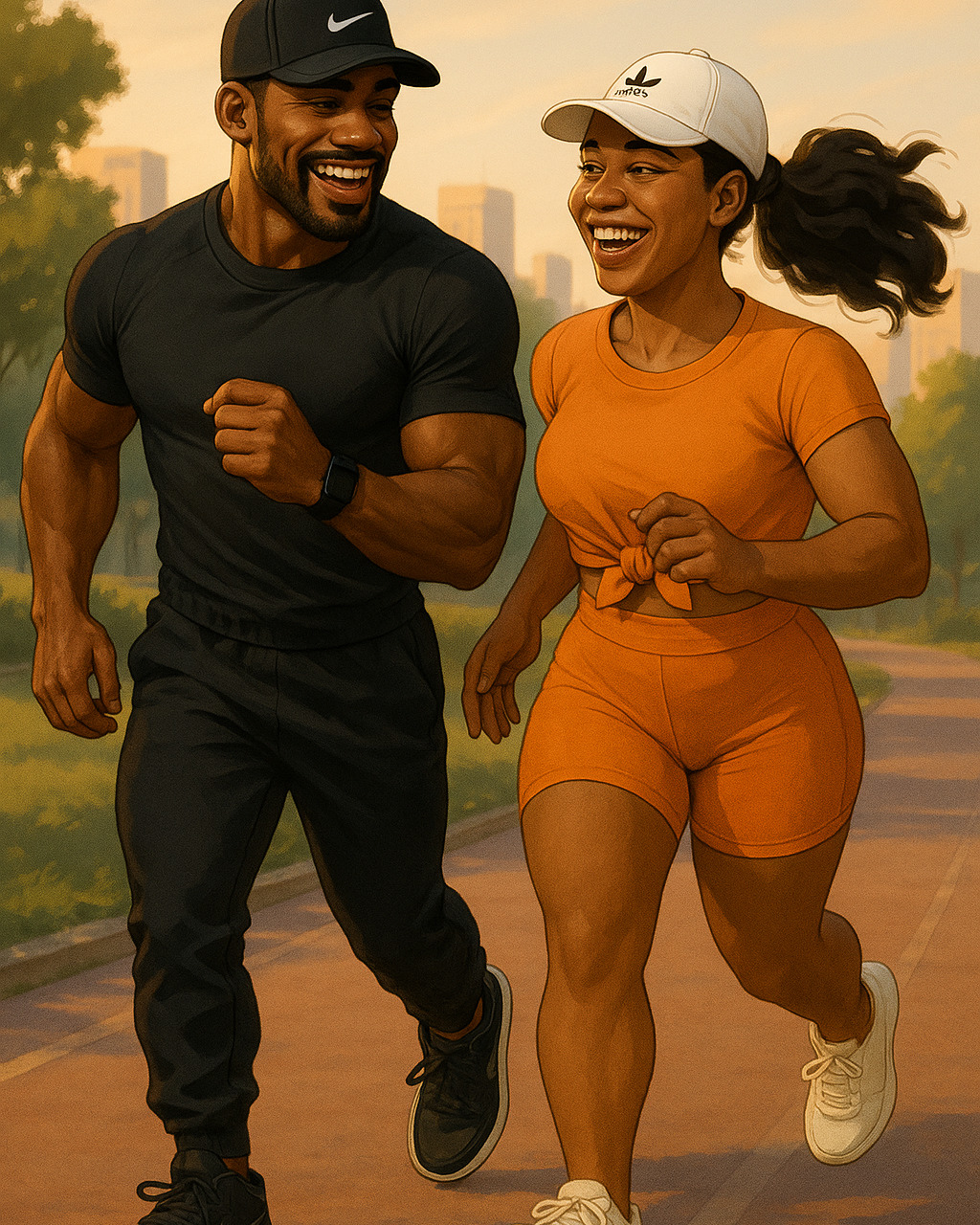 Both characters jogging side-by-side outside a gym on sunny day, with focus on synchronized stride and lighthearted connection.