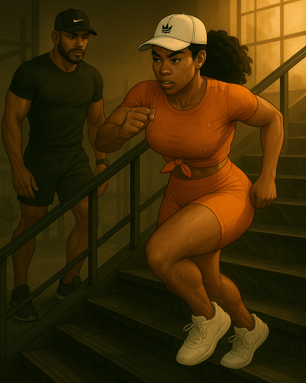 Client sprinting up concrete stairs outdoors while trainer times the interval with stopwatch, showing peak effort and drive.”