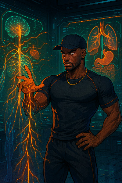 Xavier Savage controlling a holographic vagus nerve map showing brain-body organ connections