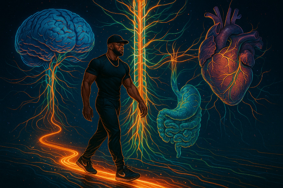 Xavier Savage walking across a digital bridge linking the brain, heart, and gut