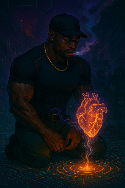 Xavier Savage exhaling in rhythm with a floating heart model in a biomechanical space