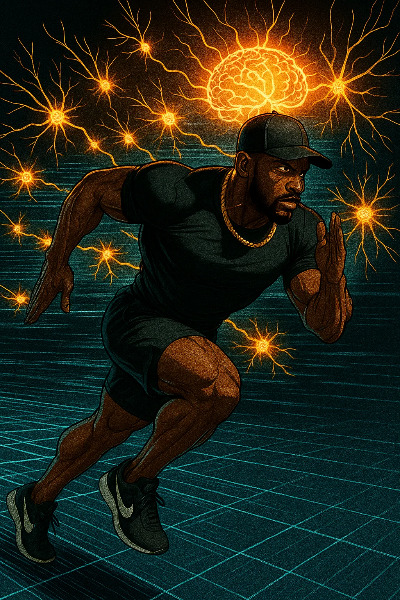 Xavier Savage sprinting as neurons activate in the brain from vagus-adrenaline stimulation