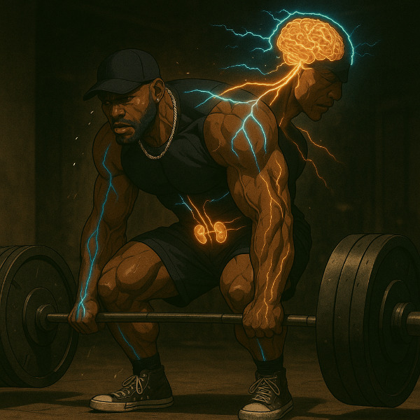 Xavier Savage deadlifting as adrenaline surges from muscles to brainstem along vagus pathways
