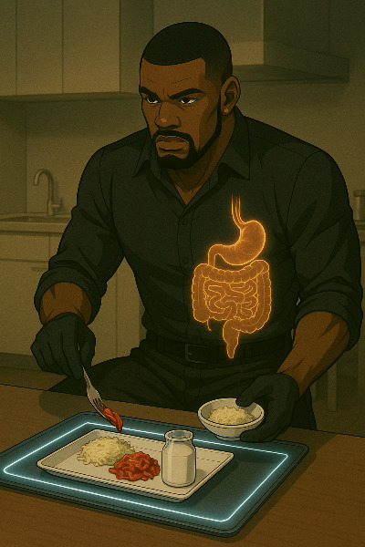 Xavier Savage plating gut-supportive fermented foods with glowing digestive overlay above